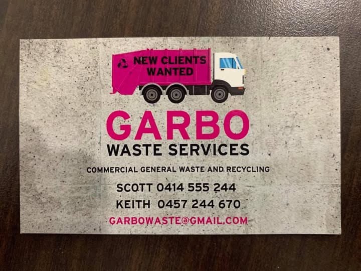 Garbo Waste Services business card with contact details